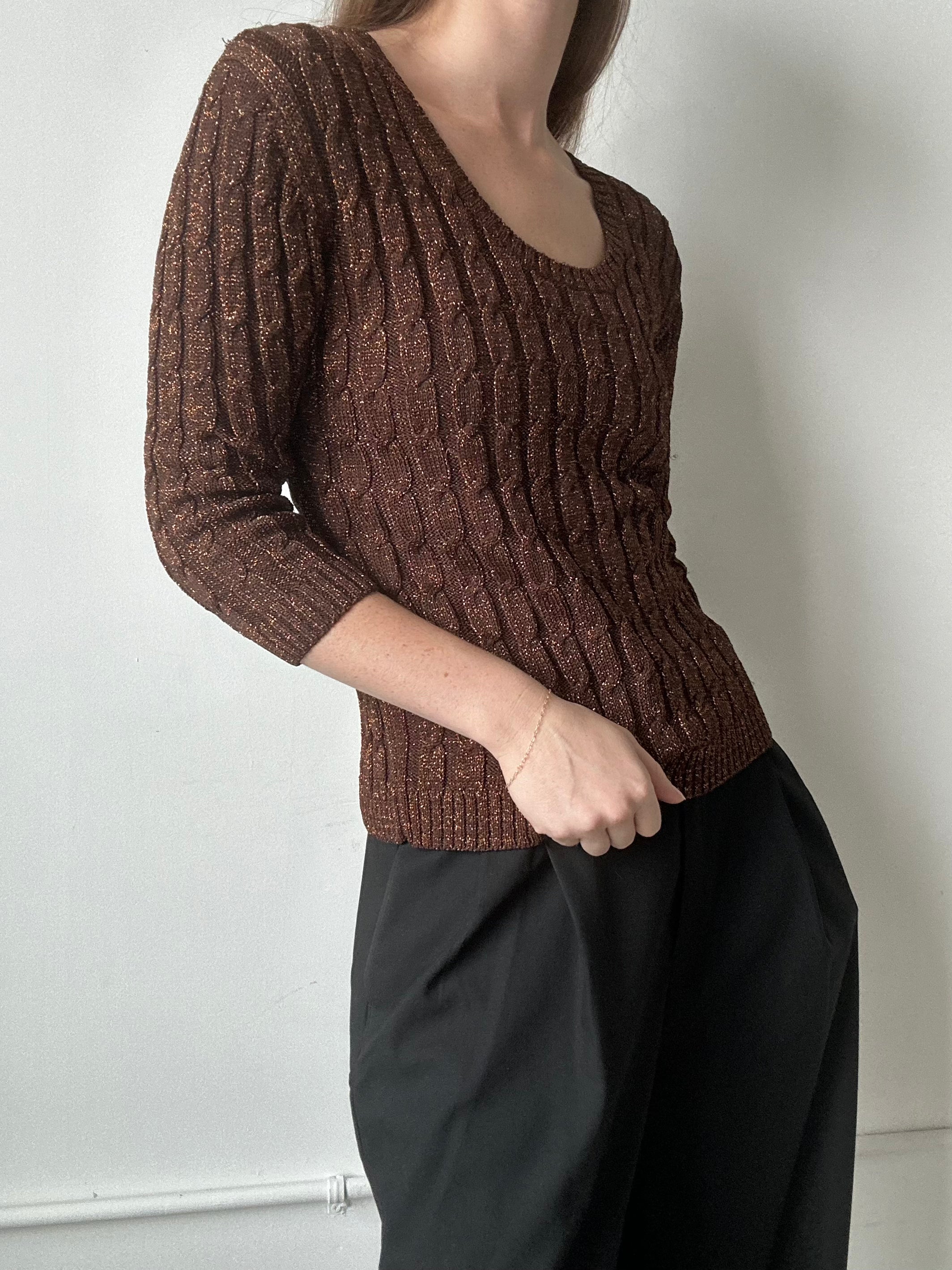 Vintage Brown Ribbed Marled Knit Top Size Extra Large