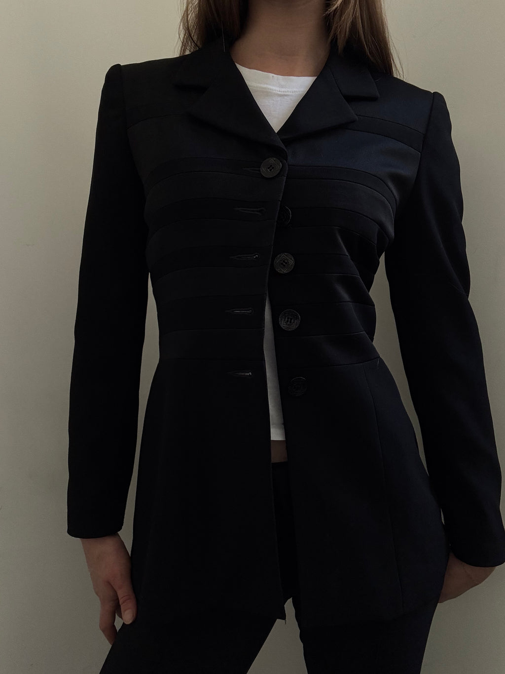 Vintage Black Structured Satin Striped Blazer Size Medium