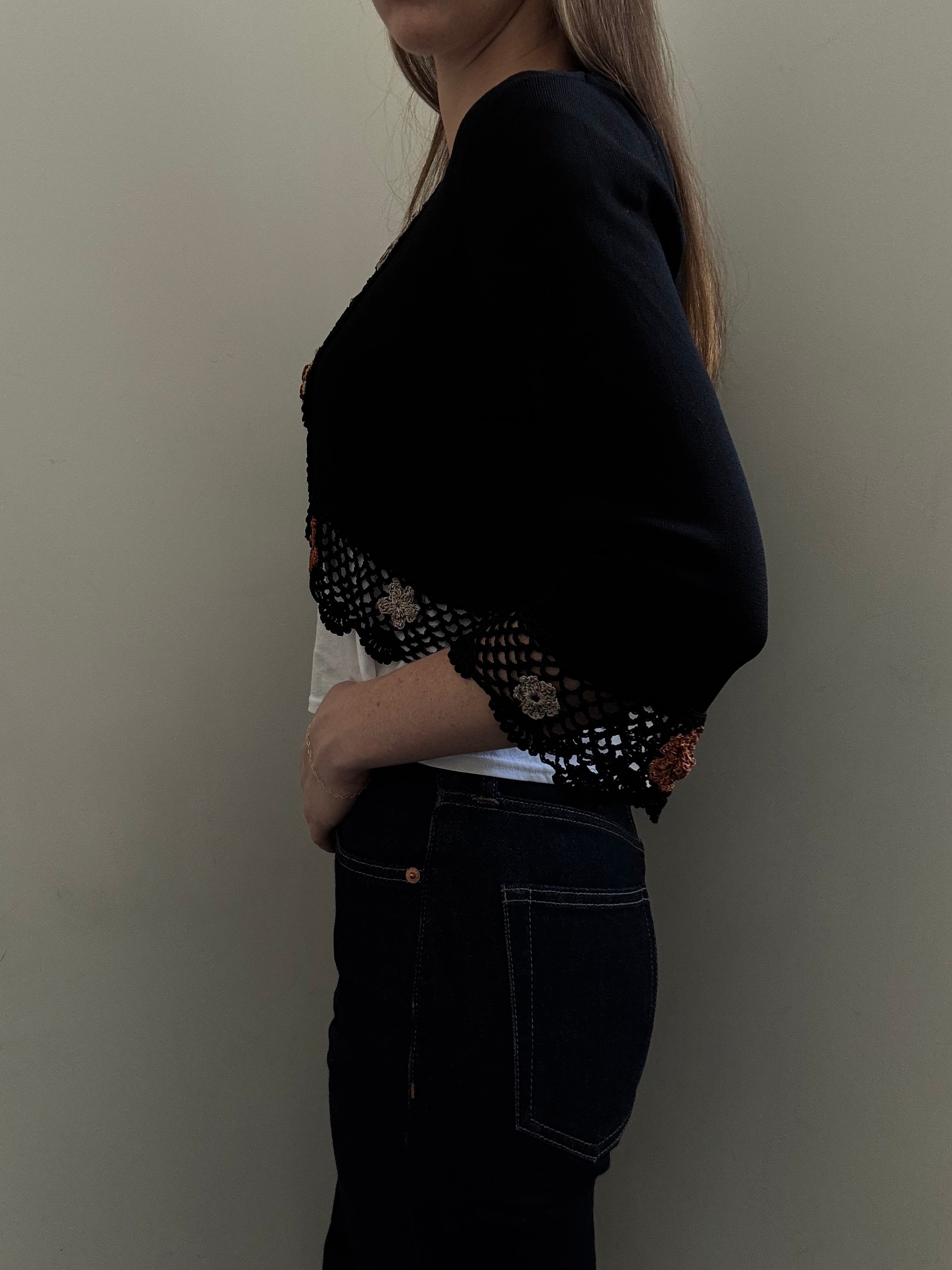 Vintage Black Crochet Flower Cardigan + Tank Top Set Size Small