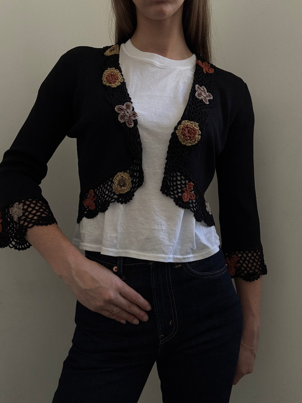 Vintage Black Crochet Flower Cardigan + Tank Top Set Size Small