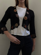 Vintage Black Crochet Flower Cardigan + Tank Top Set Size Small