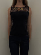 Vintage Black Crochet Flower Cardigan + Tank Top Set Size Small