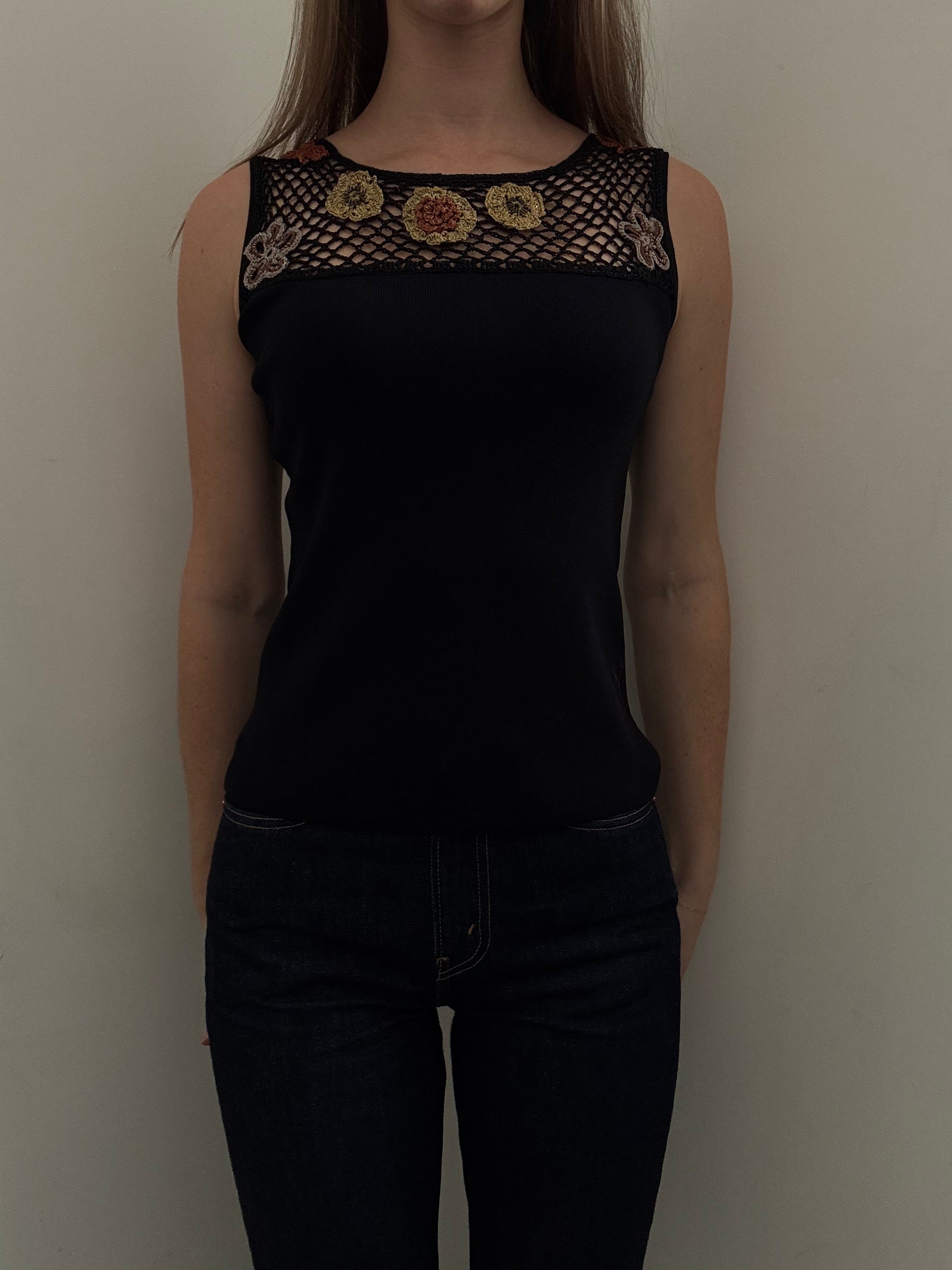 Vintage Black Crochet Flower Cardigan + Tank Top Set Size Small
