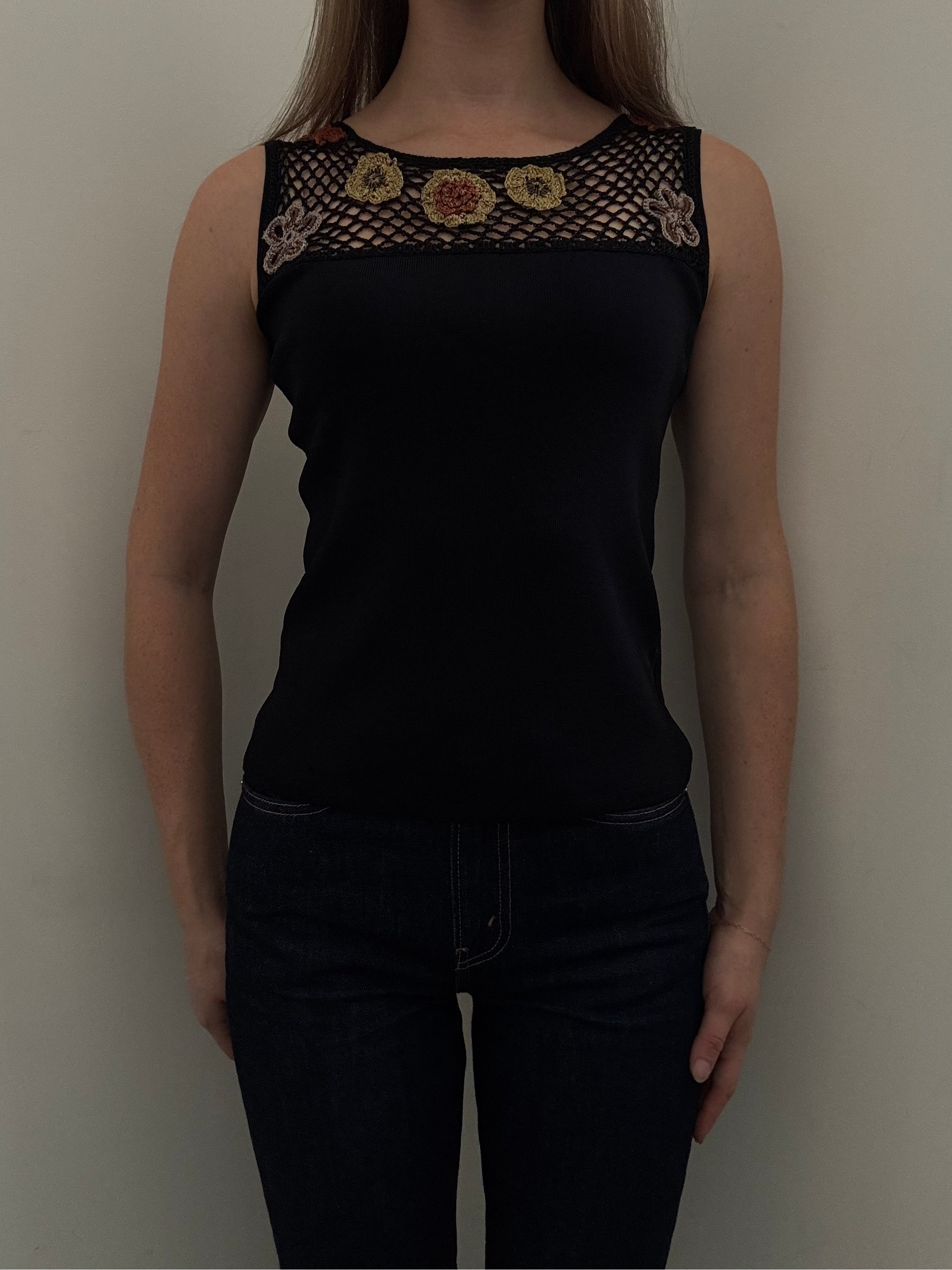 Vintage Black Crochet Flower Cardigan + Tank Top Set Size Small