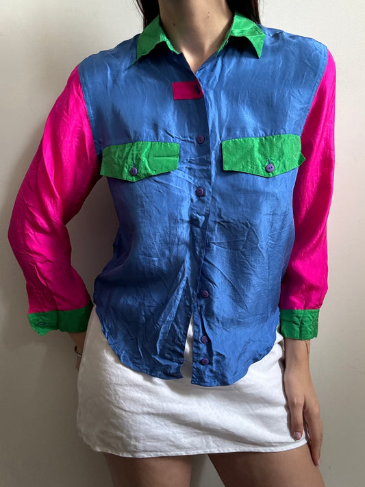 Vintage Silk Retro Color Block Blouse Size Small