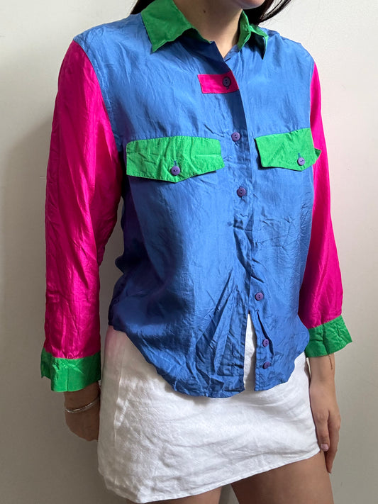 Vintage Silk Retro Color Block Blouse Size Small