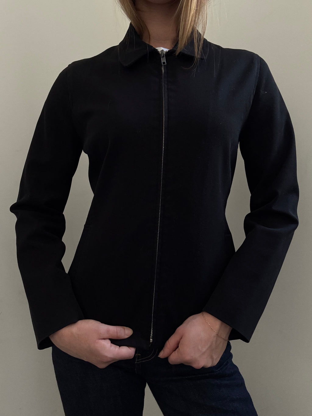 Vintage Black Cotton Fitted Zip-Up Jacket Size Small