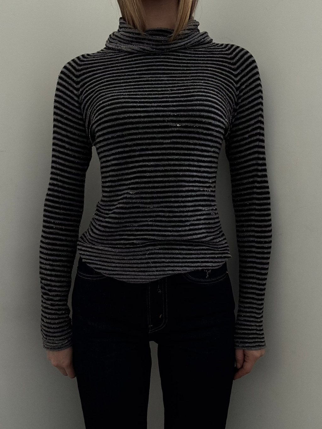 Vintage Grey + Black Striped Shimmer Knit Turtleneck Size Medium