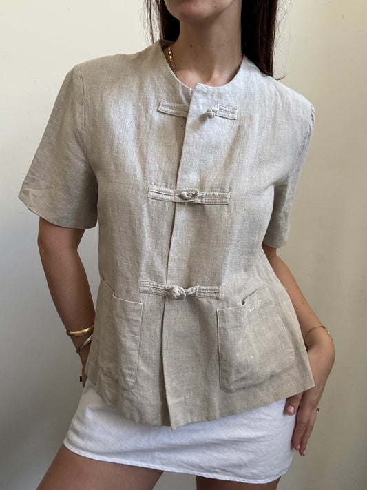 Vintage Beige Linen Short Sleeve Frogged Blouse Size Large