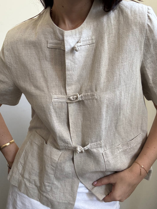 Vintage Beige Linen Short Sleeve Frogged Blouse Size Large