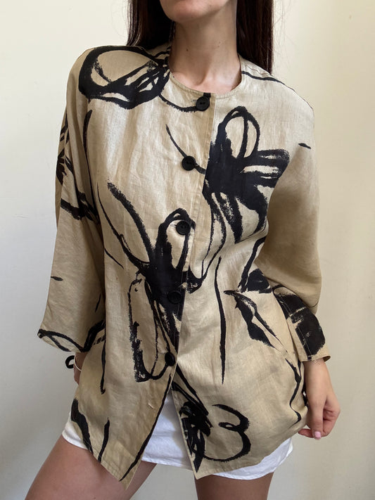 Vintage Max Mara Khaki + Black Floral Linen Set Size Large