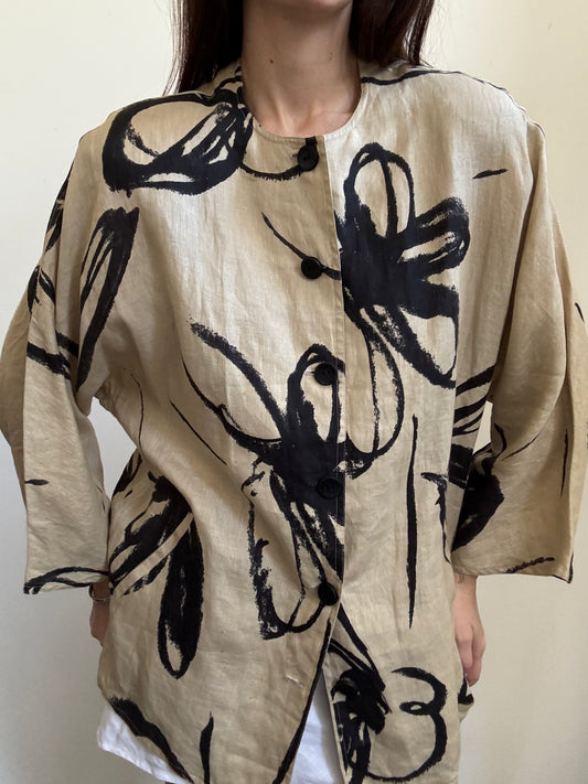 Vintage Max Mara Khaki + Black Floral Linen Set Size Large