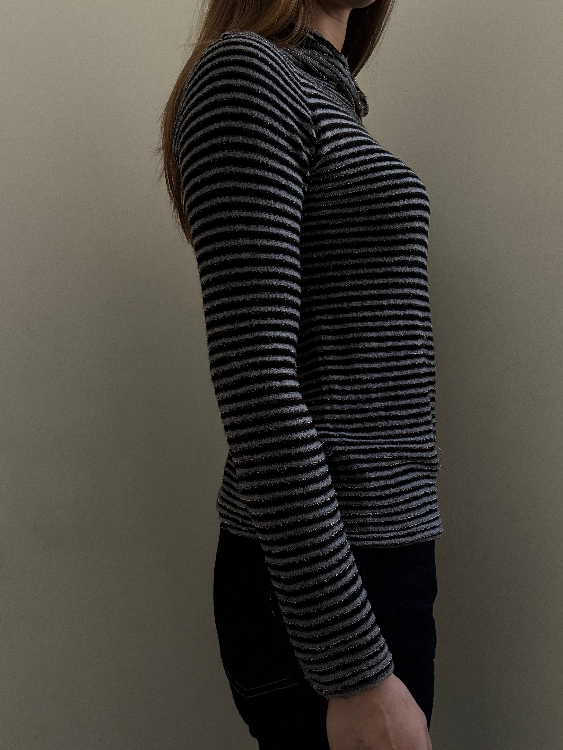 Vintage Grey + Black Striped Shimmer Knit Turtleneck Size Medium