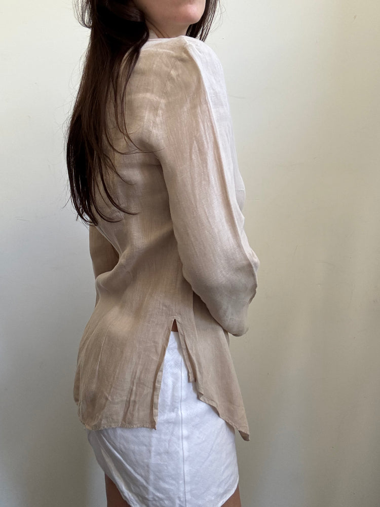 Vintage Max & Co. Tan Linen Fitted Blouse Size Medium