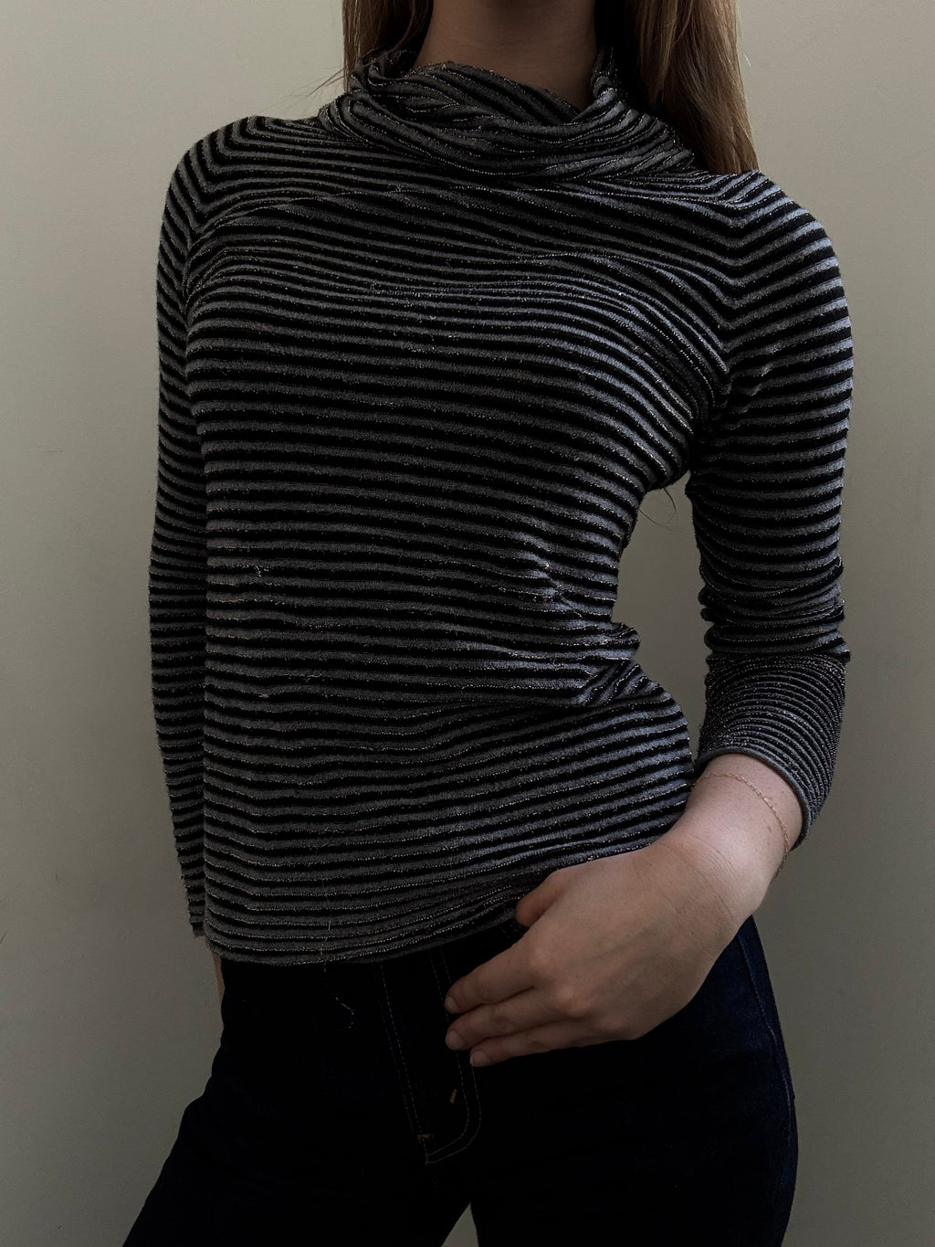 Vintage Grey + Black Striped Shimmer Knit Turtleneck Size Medium