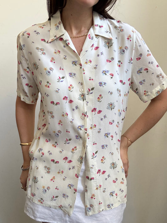 Vintage Italian Ivory Floral Short Sleeve Blouse Size Medium