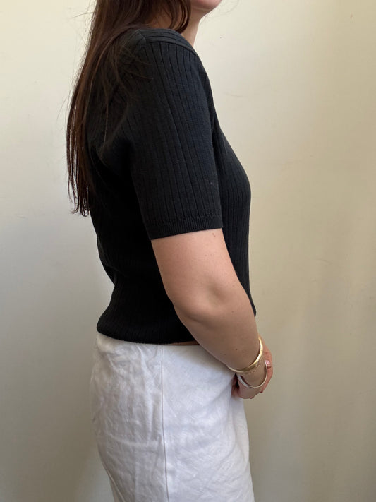 Vintage Black Silk Blend Square Neck Ribbed Top Size Medium