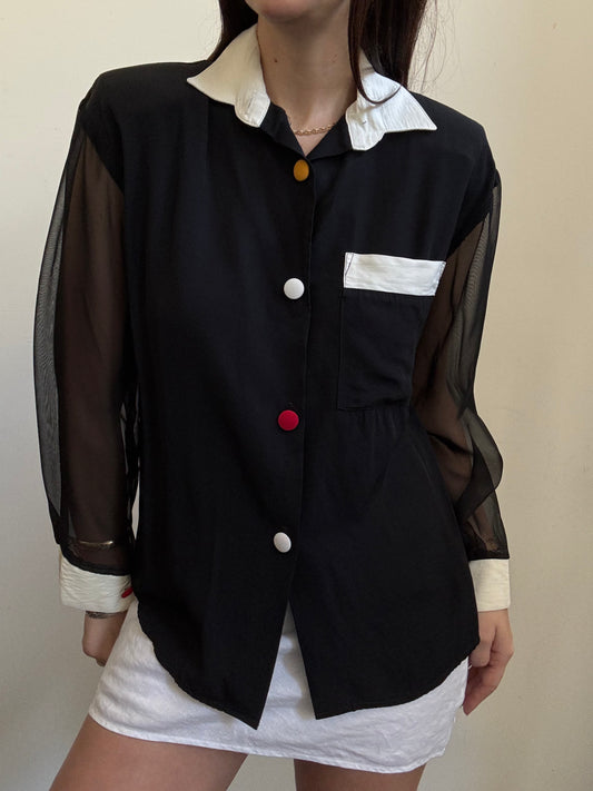 Vintage Black Color Block Button Up With Sheer Sleeves Size Medium