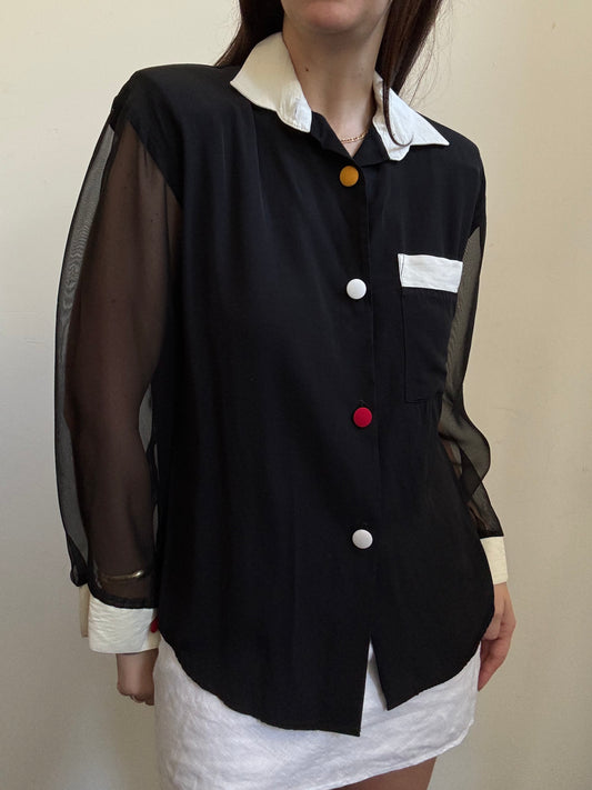 Vintage Black Color Block Button Up With Sheer Sleeves Size Medium