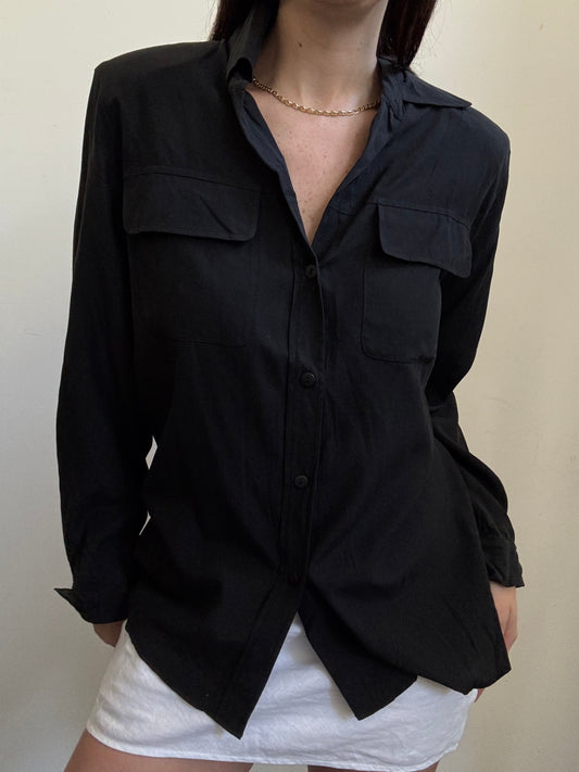 Vintage Black Silk Button Up With Flap Pockets Size Medium