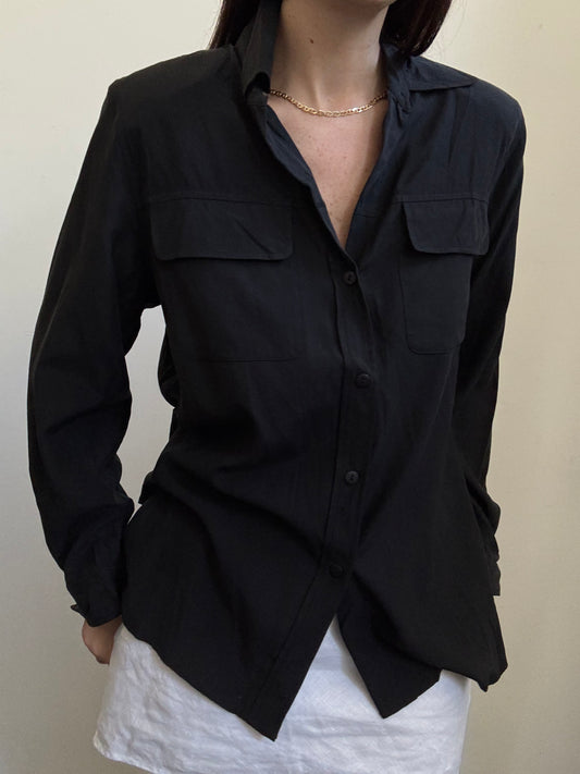 Vintage Black Silk Button Up With Flap Pockets Size Medium