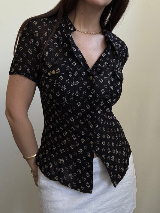 Vintage Moschino Black Sheer Fitted Button Up Size Small