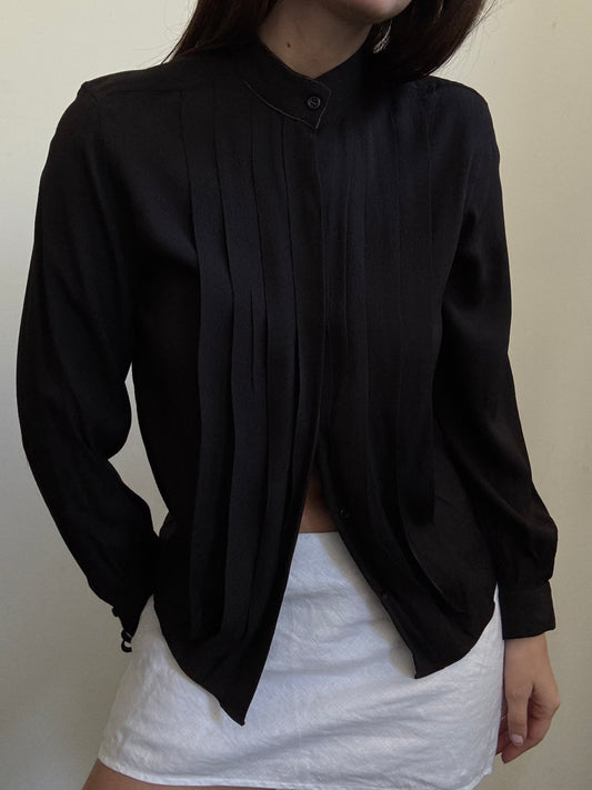 Vintage Black Pleated Highneck Blouse Size Small