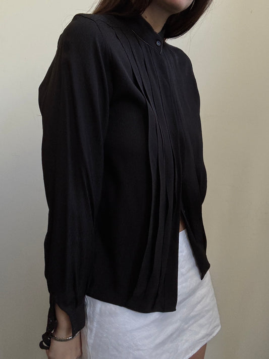 Vintage Black Pleated Highneck Blouse Size Small