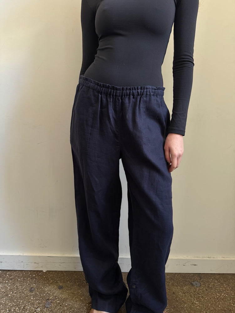 Vintage Navy Linen Cinched Waist Pants Size Medium