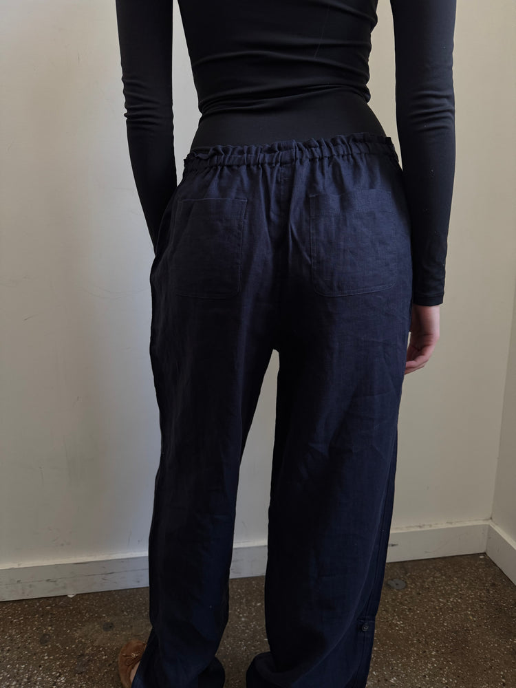 Vintage Navy Linen Cinched Waist Pants Size Medium