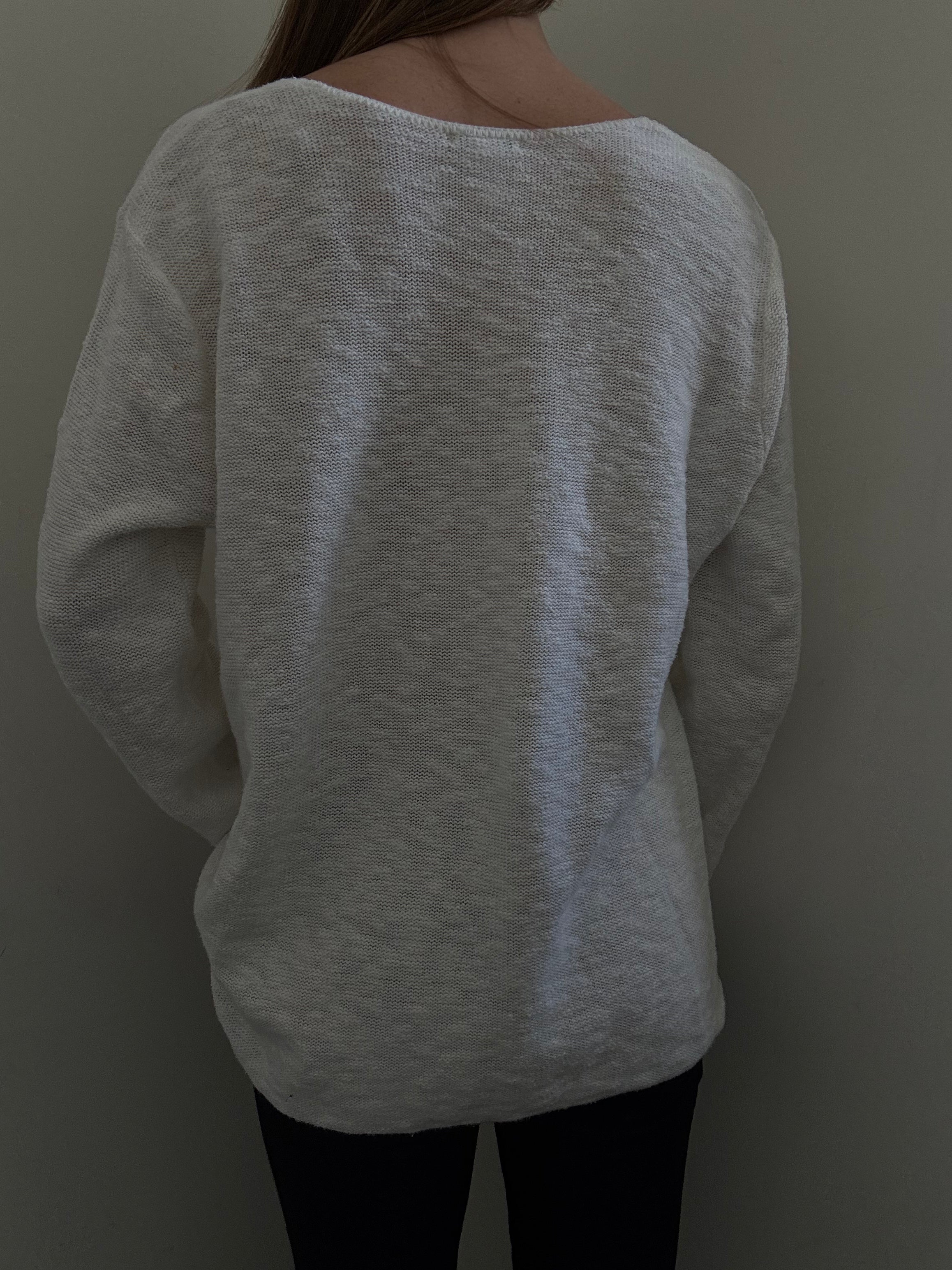Vintage White Cotton Knit Scoop Neck Sweater Size Medium