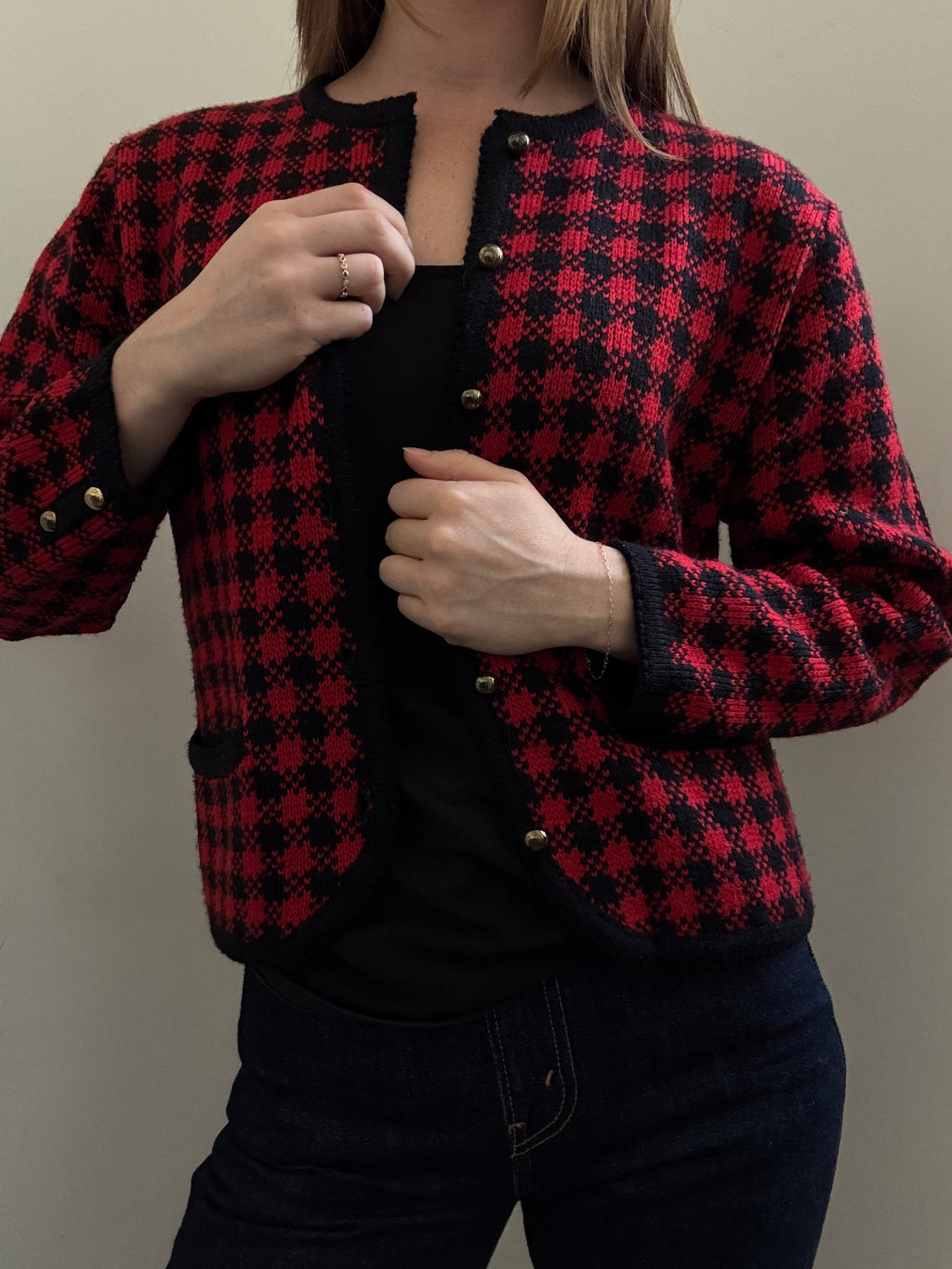 Vintage Red + Black Houndstooth Wool Blend Knit Size Medium