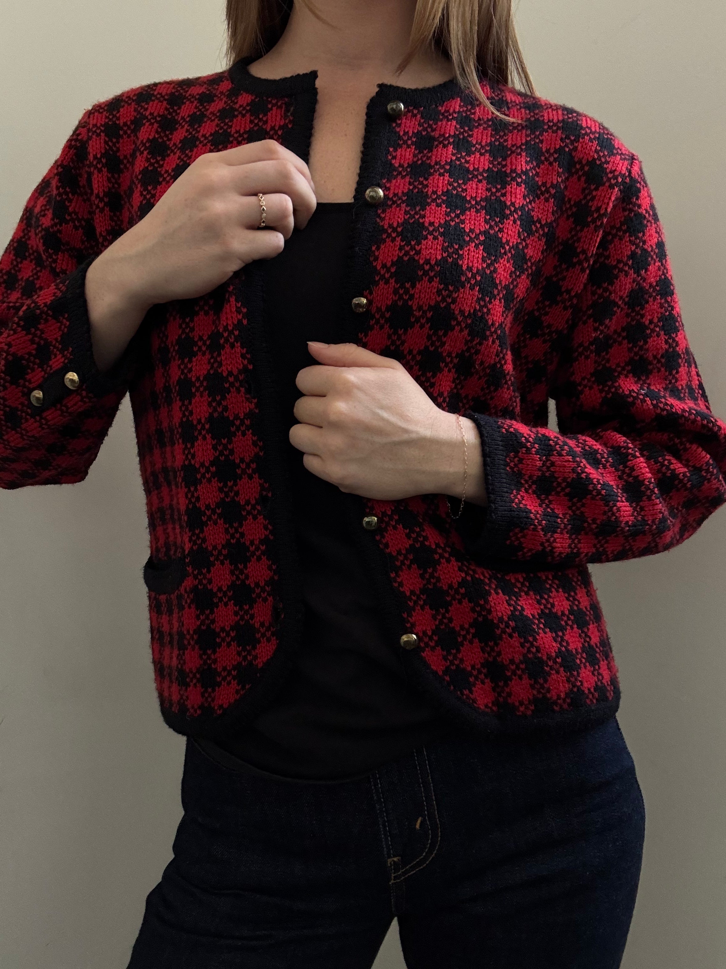 Vintage Red + Black Houndstooth Wool Blend Knit Size Medium