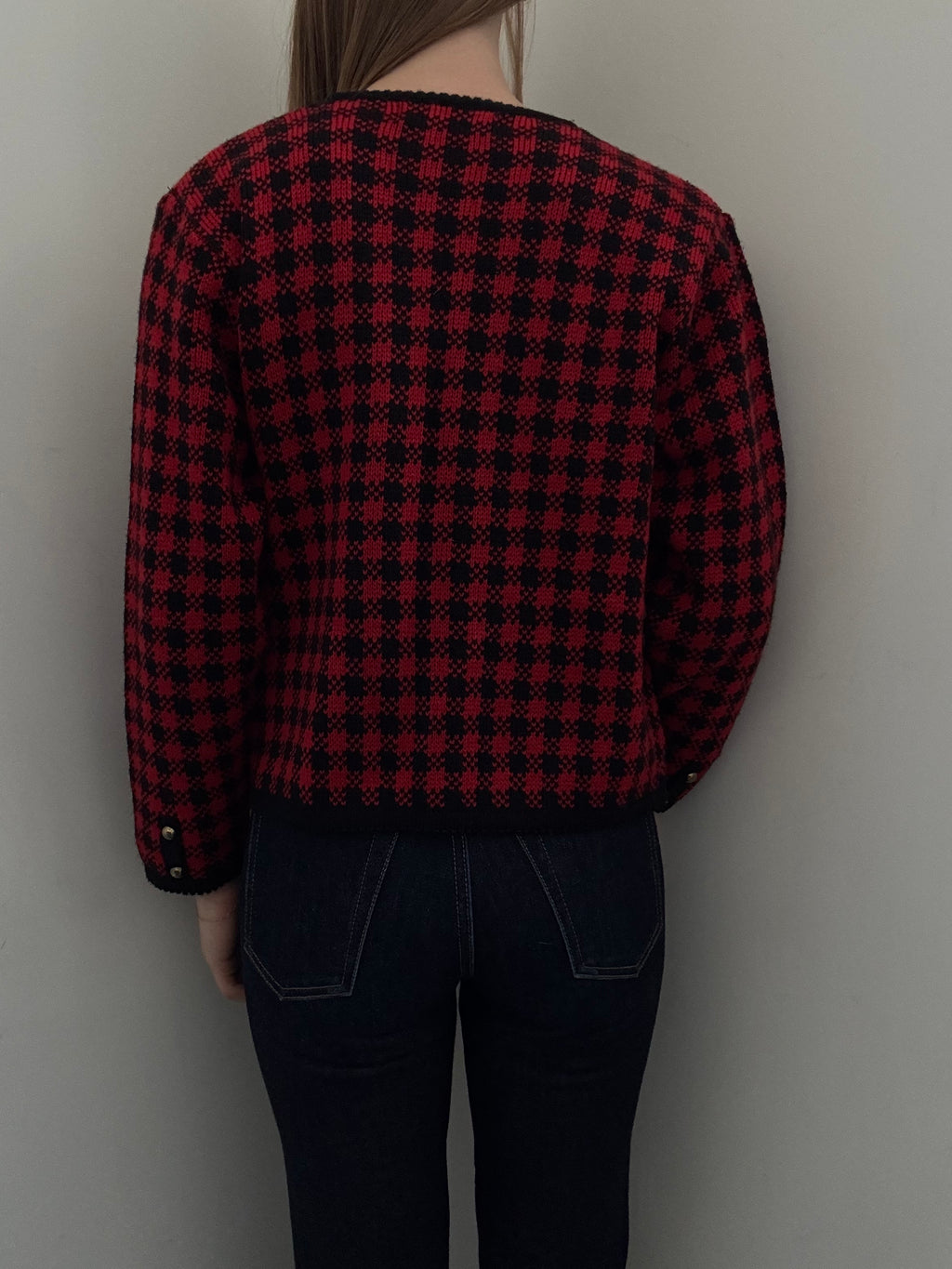 Vintage Red + Black Houndstooth Wool Blend Knit Size Medium