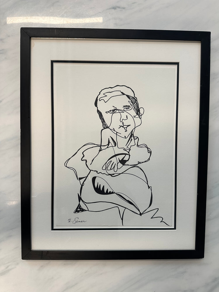 Original Hilda Epner Ink Figure Line Drawing with Glass Frame