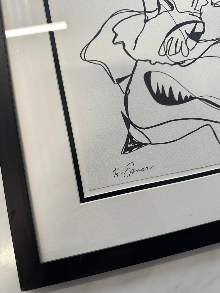 Original Hilda Epner Ink Figure Line Drawing with Glass Frame