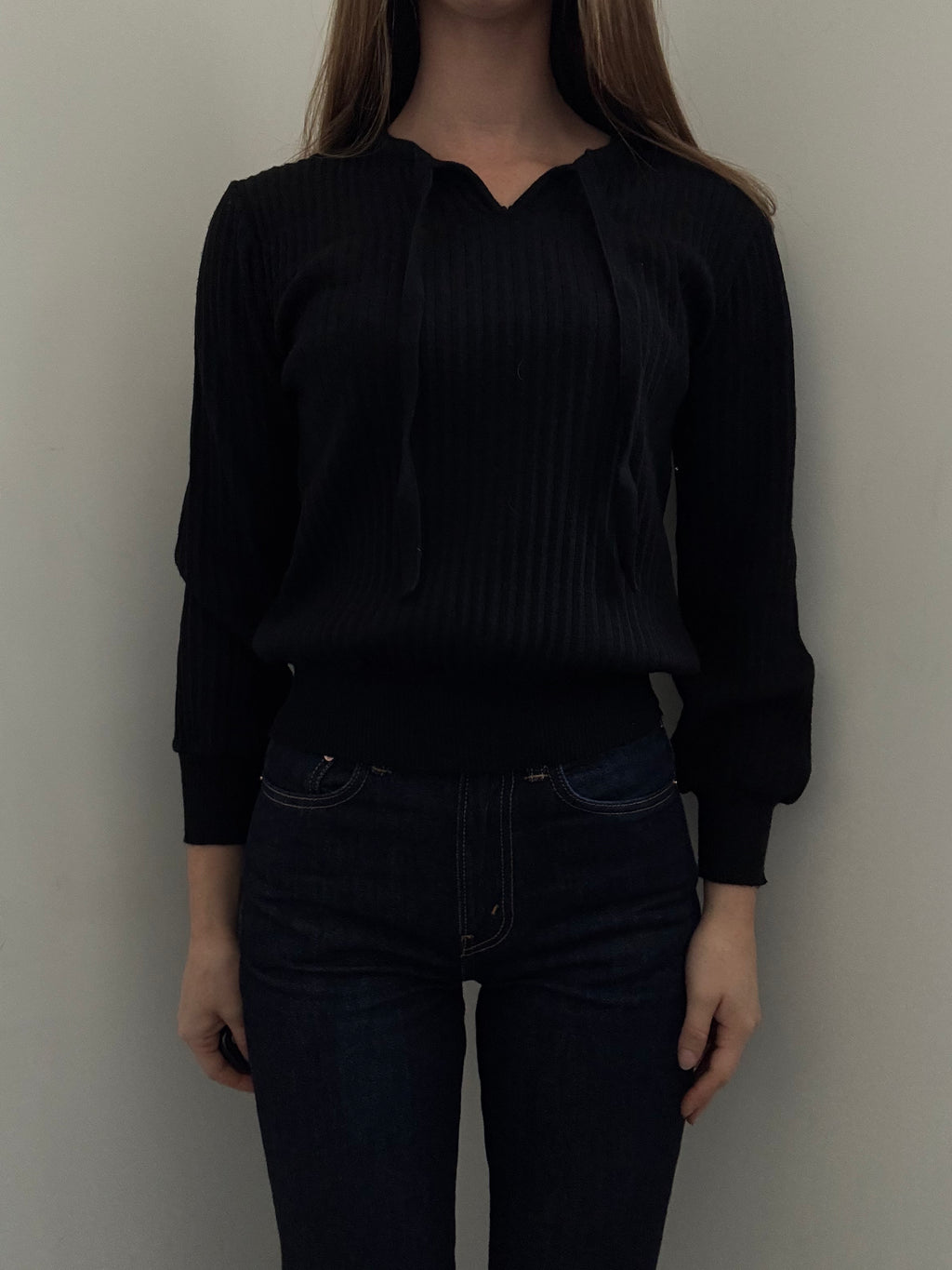 Vintage Black Wool Ribbed Knit Tie Sweater Size Small