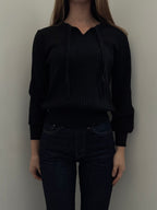 Vintage Black Wool Ribbed Knit Tie Sweater Size Small