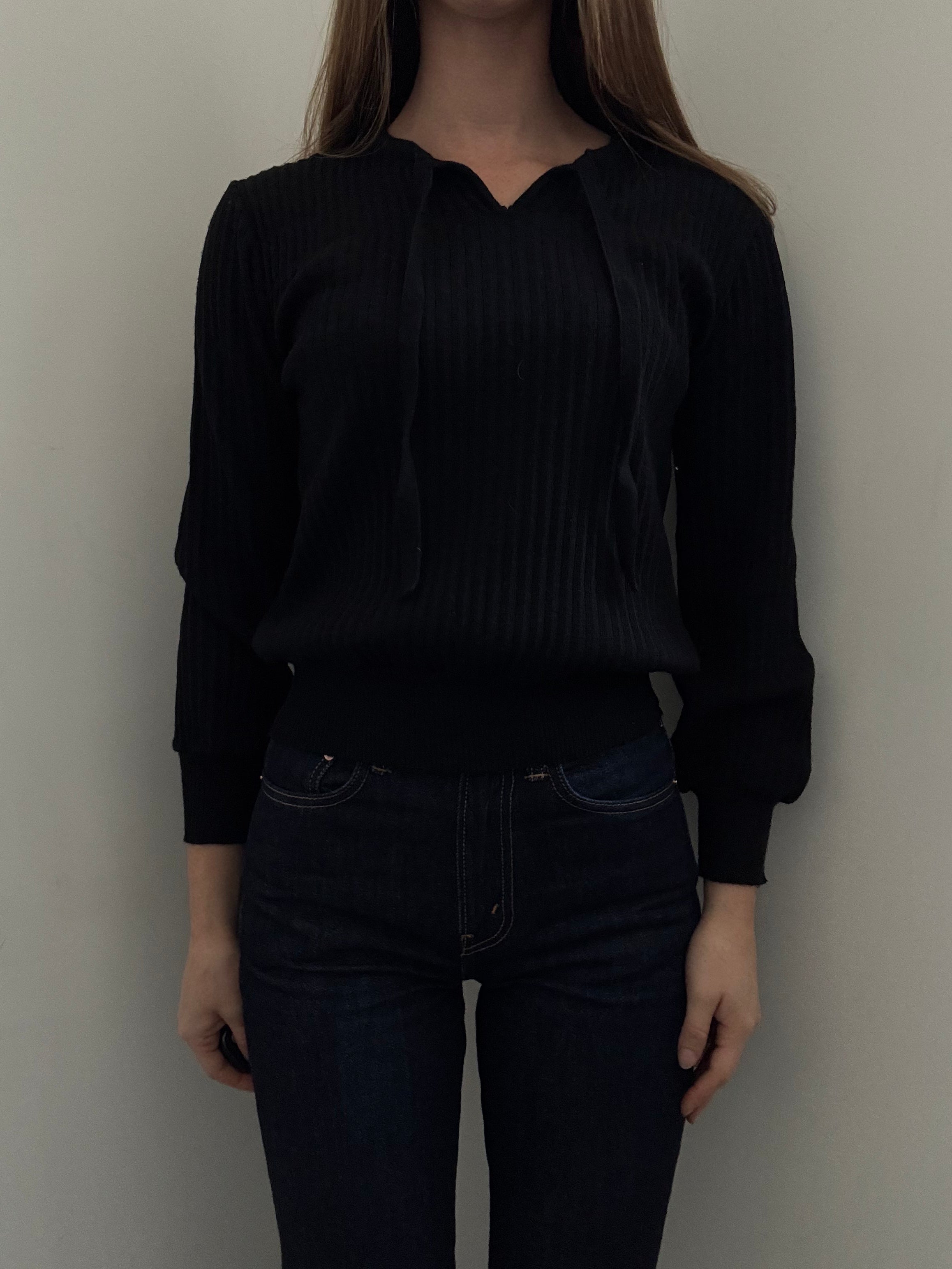 Vintage Black Wool Ribbed Knit Tie Sweater Size Small