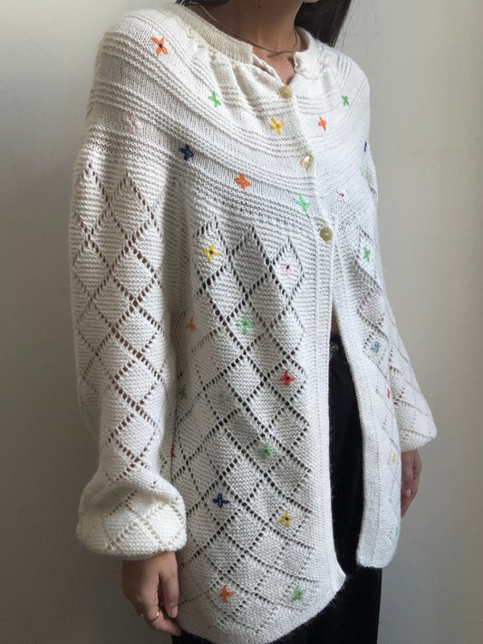 Vintage Italian White Sweater with Multicolored Detailing Size Medium