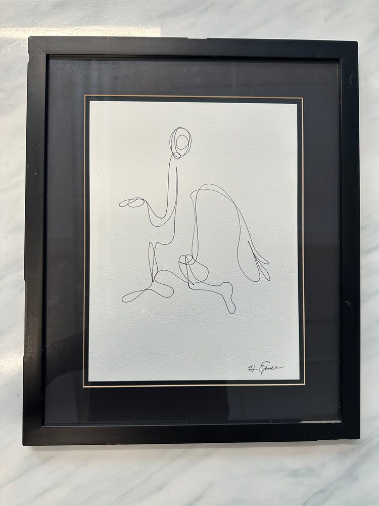 Original Hilda Epner Walking Ink Abstract Figure with Glass Frame