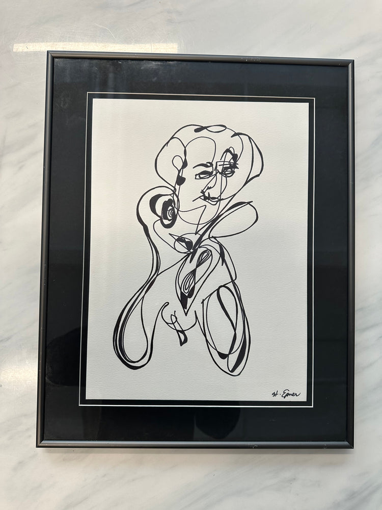 Original Hilda Epner Abstract Figure Drawing with Glass + Frame