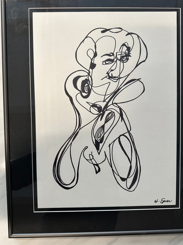 Original Hilda Epner Abstract Figure Drawing with Glass + Frame