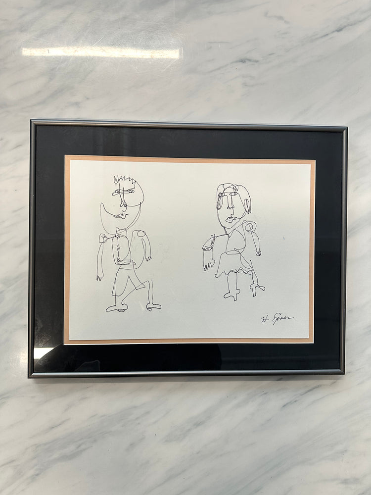 Original Hilda Epner Continuous Figures Drawing with Glass Frame