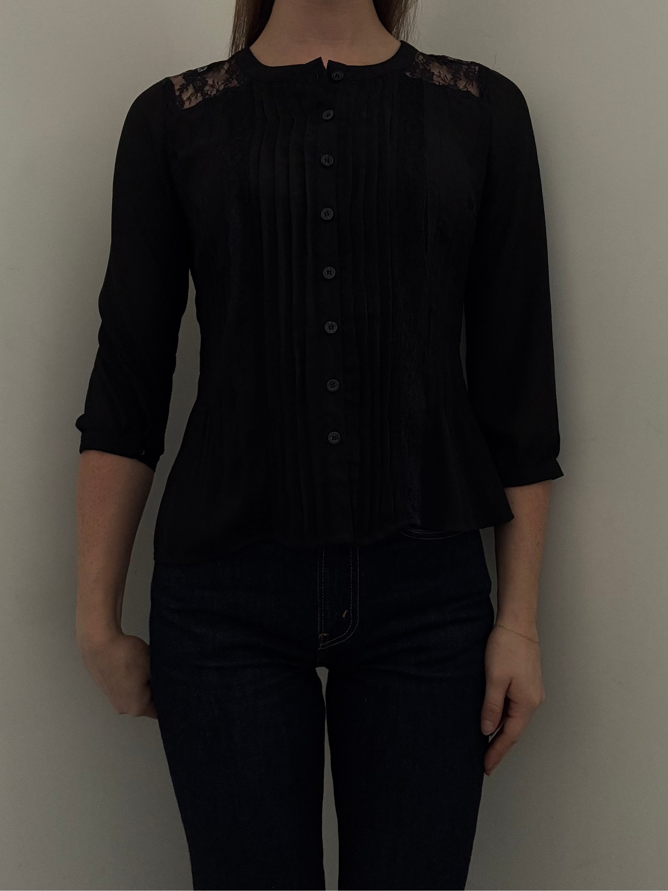Vintage Black Pleated Semi-Sheer Button-Up Lace Blouse Size Small
