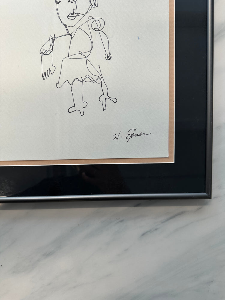 Original Hilda Epner Continuous Figures Drawing with Glass Frame