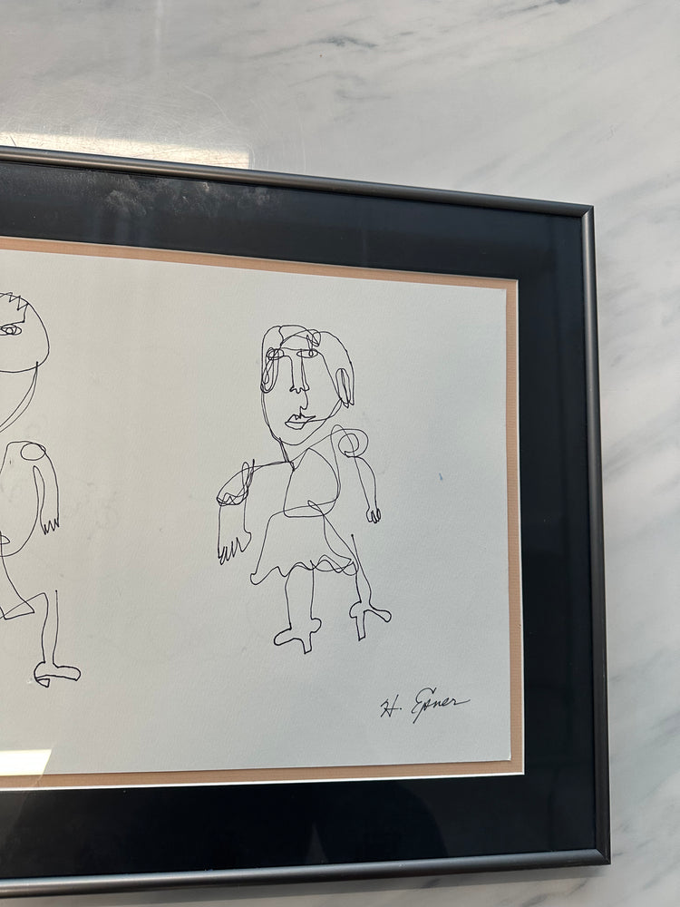 Original Hilda Epner Continuous Figures Drawing with Glass Frame