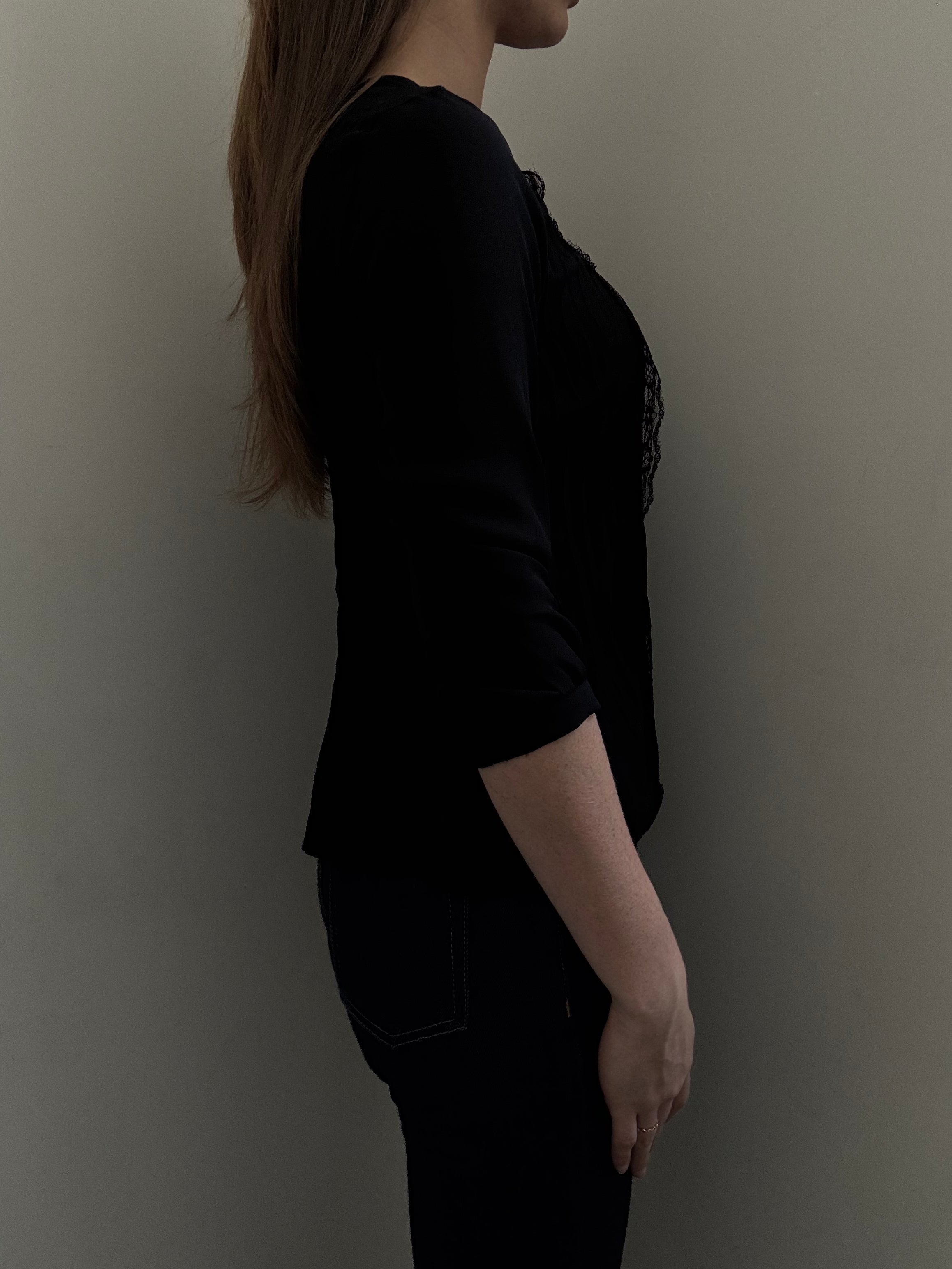 Vintage Black Pleated Semi-Sheer Button-Up Lace Blouse Size Small