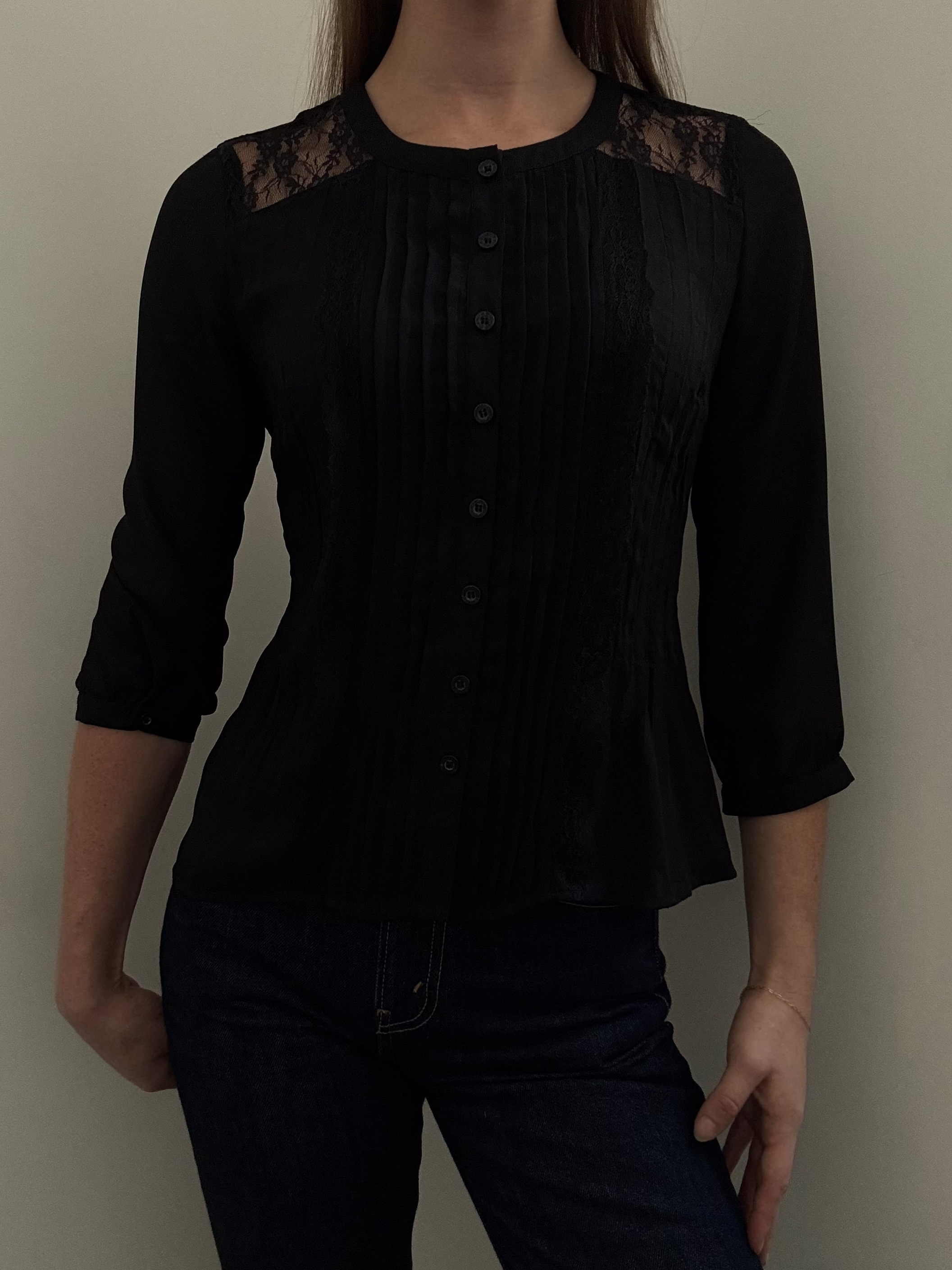 Vintage Black Pleated Semi-Sheer Button-Up Lace Blouse Size Small