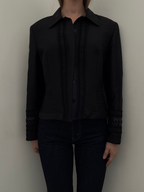 Vintage Black Silk Blend Ruffle Buttoned Jacket Size Large